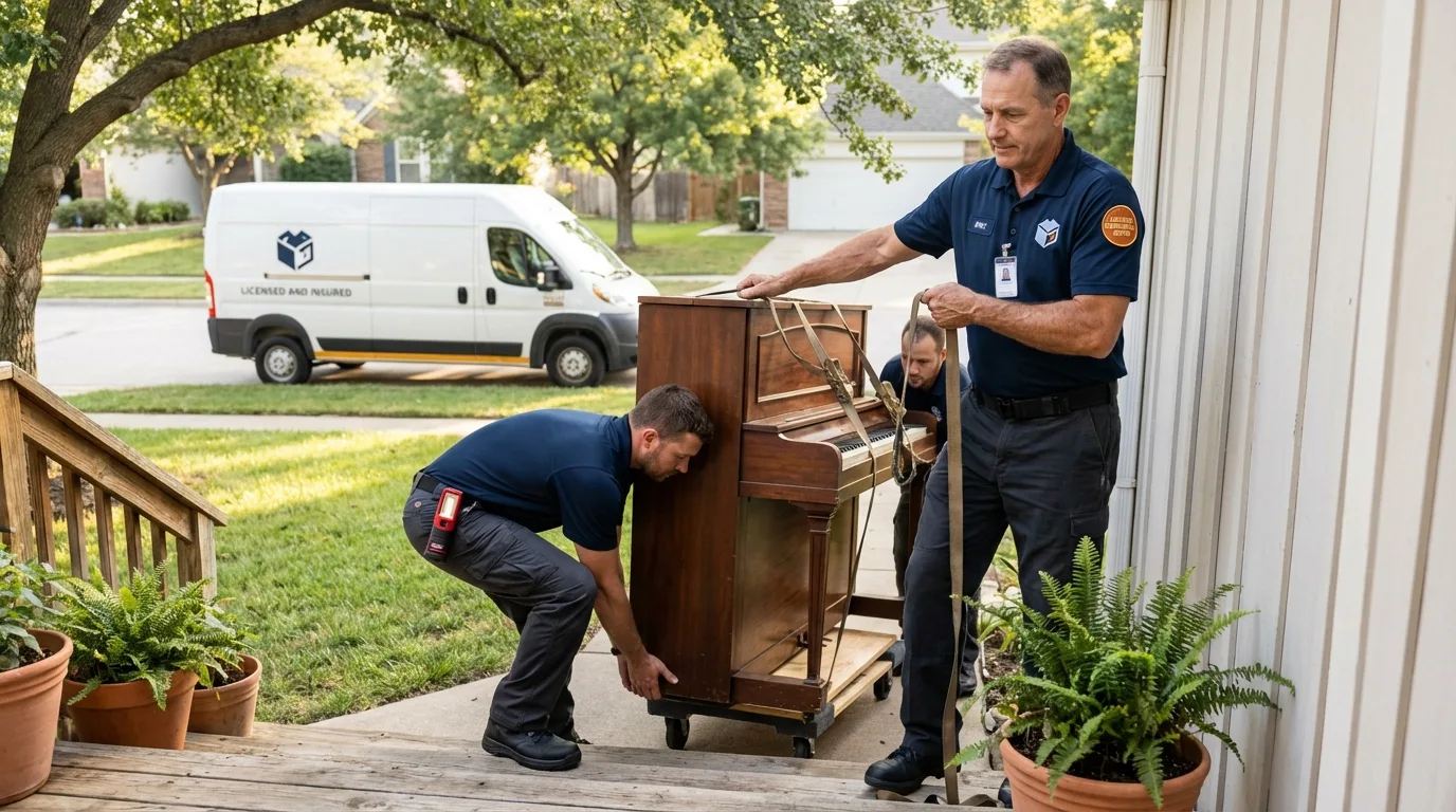 Licensed piano movers securing grand piano in Tawas City, MI