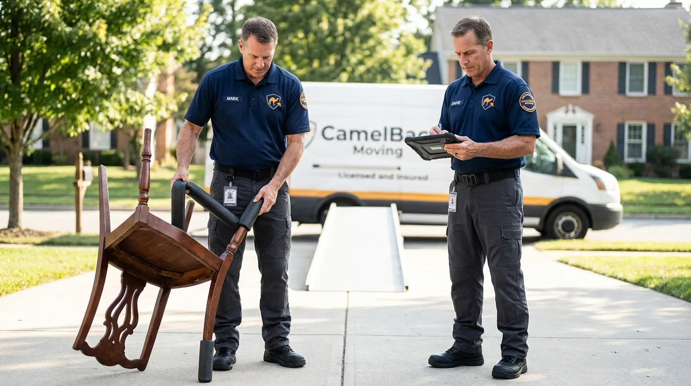 Movers inspecting furniture for damage prevention before loading in Tawas City, MI