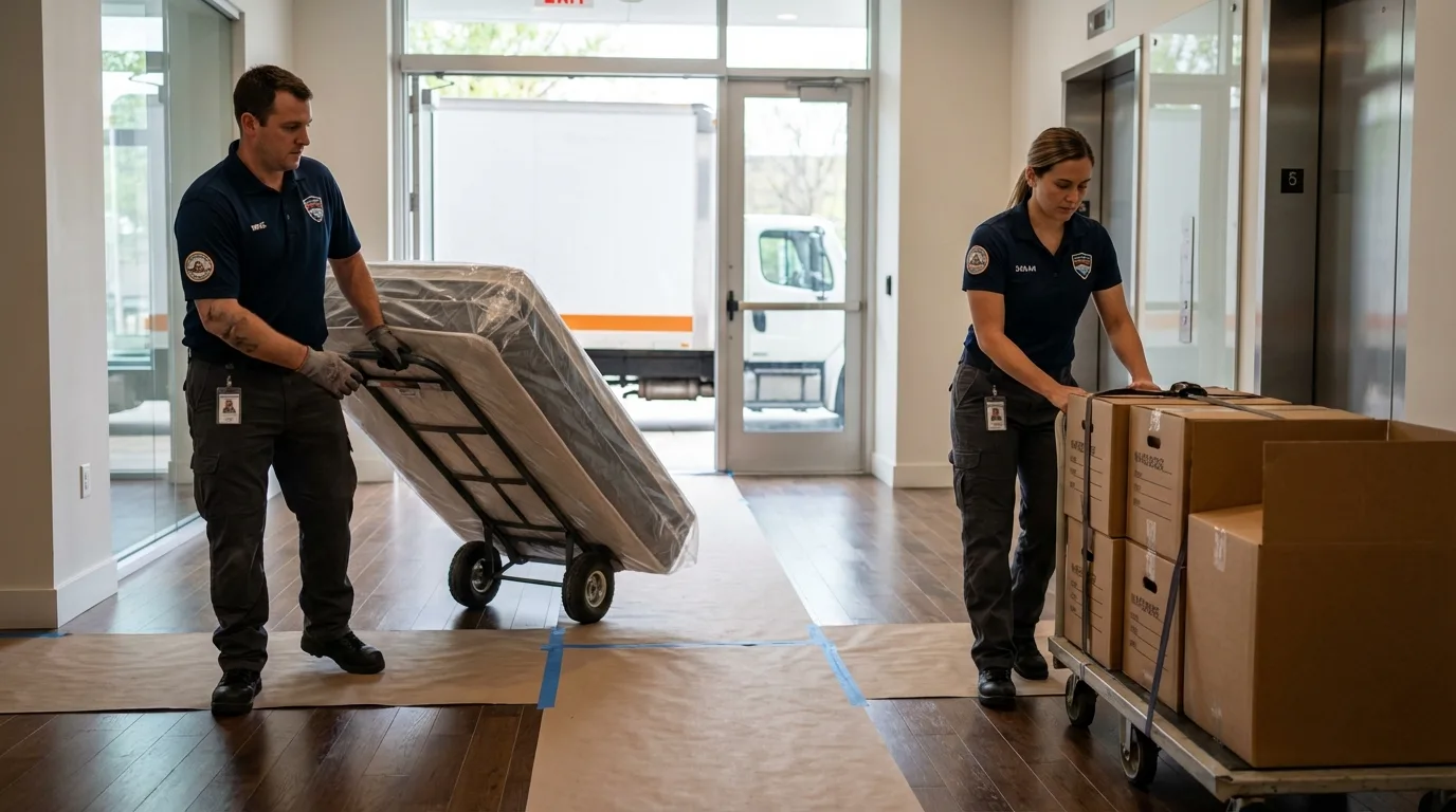 Professional apartment movers loading elevator in Tawas City, MI