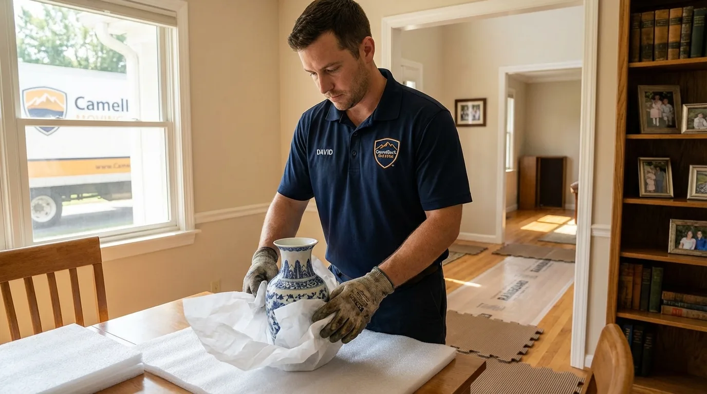 Professional crew carefully wrapping antique vase for senior downsizing move in Tawas City, MI