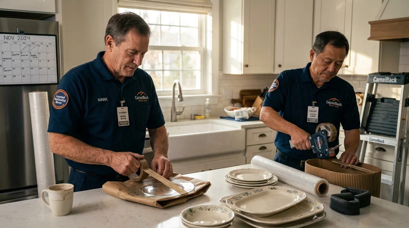 Professional crew packing kitchen dishware in Tawas City, MI